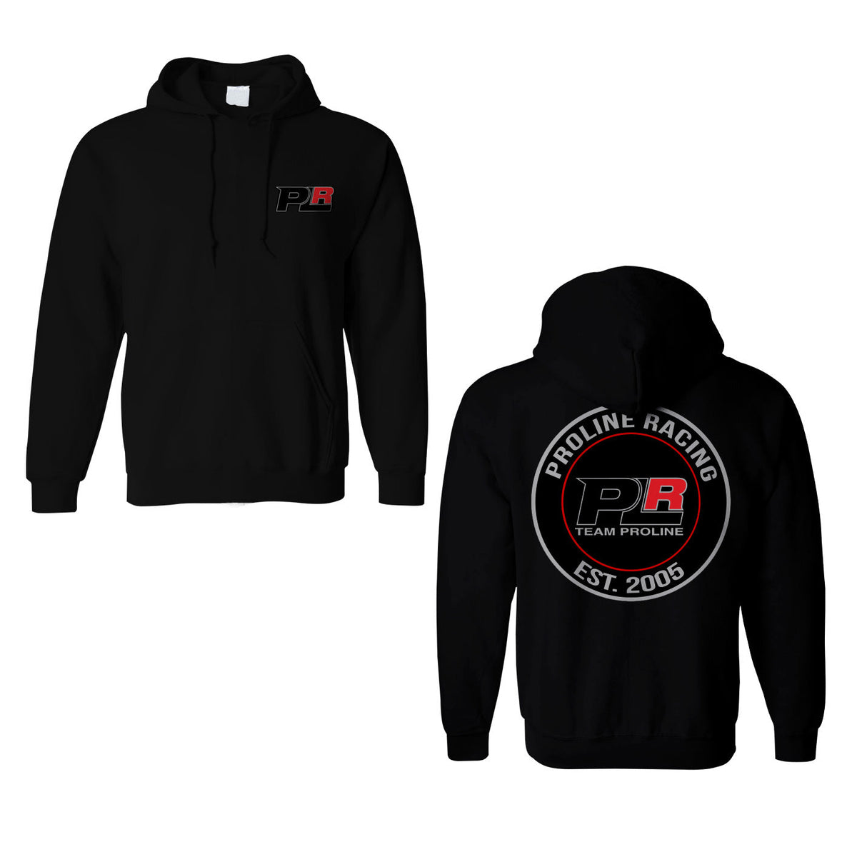 Black hoodie with Proline Racing logo on front and back, on a white background