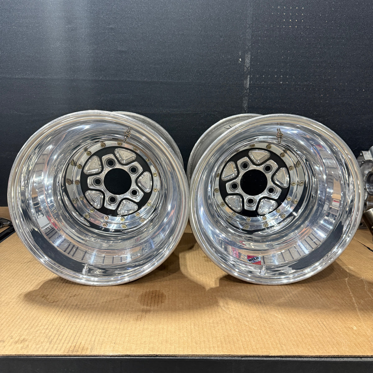 PAIR OF WELD ALUMASTAR PRO 2.0 LINER WHEELS, BLACK CENTER W/ POLISHED SHELL, 16X16, 5X5, 5&quot; BS