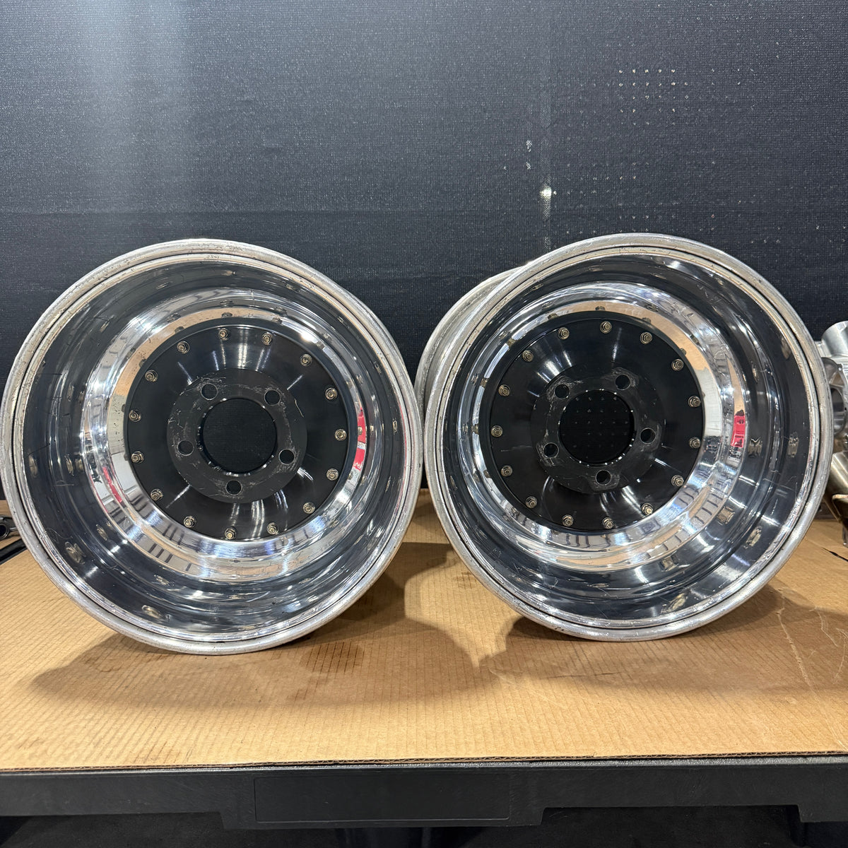 PAIR OF WELD ALUMASTAR PRO 2.0 LINER WHEELS, BLACK CENTER W/ POLISHED SHELL, 16X16, 5X5, 5&quot; BS