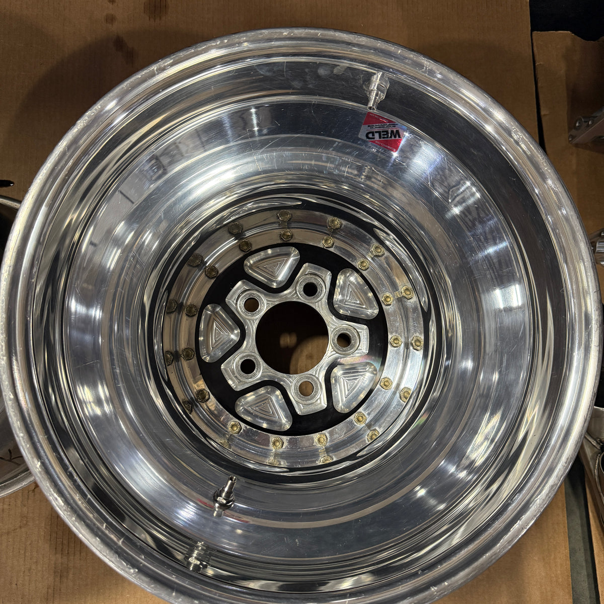 PAIR OF WELD ALUMASTAR PRO 2.0 LINER WHEELS, BLACK CENTER W/ POLISHED SHELL, 16X16, 5X5, 5&quot; BS