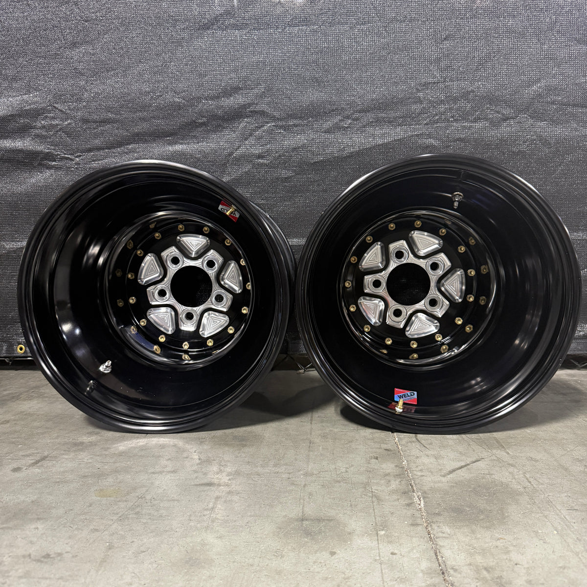 PAIR OF WELD ALUMASTAR PRO LINER WHEELS, BLACK, 16X16, 5X5, 5&quot; BS