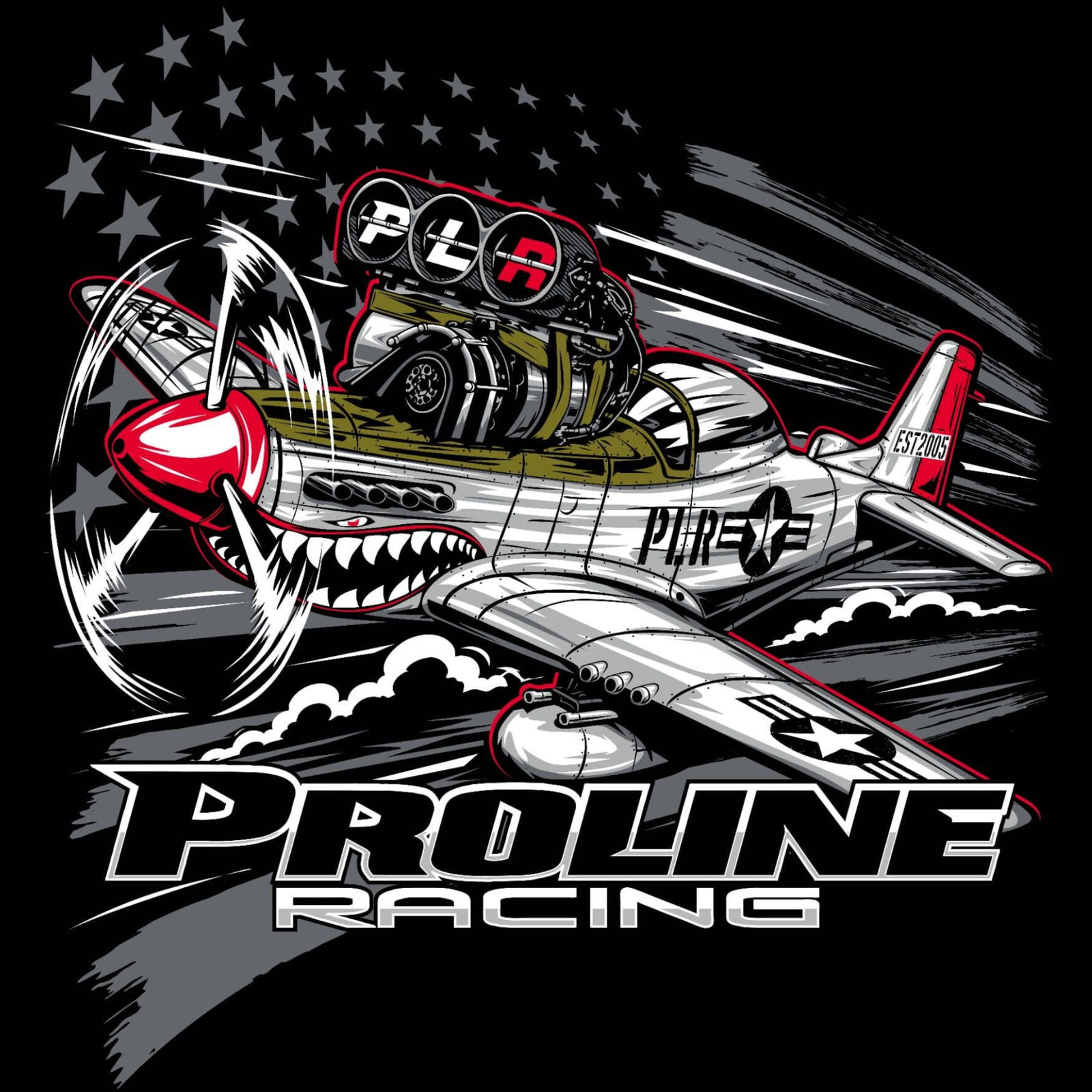 Black t-shirt with Proline Racing logo and graphic on front and back