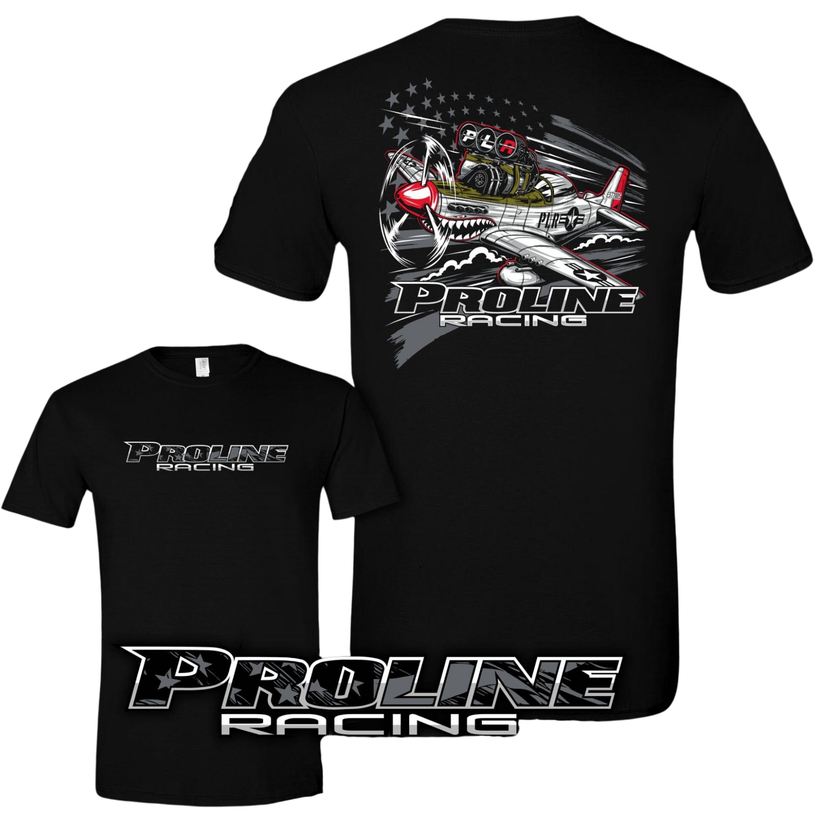 Black t-shirt with Proline Racing logo and graphic on front and back