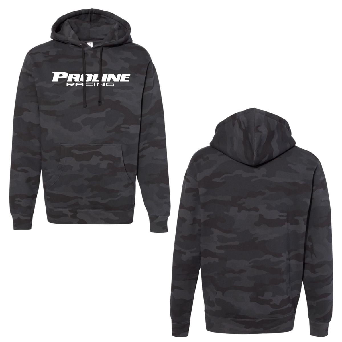 Black camo hoodie with 'Proline Racing' logo on a white background