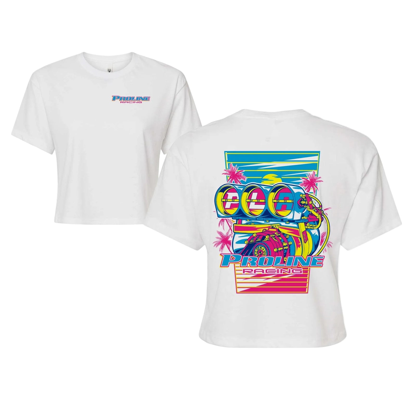 A white short-sleeve t-shirt shown from both front and back. The front features a small blue and pink 'PROLINE RACING' logo on the left chest.