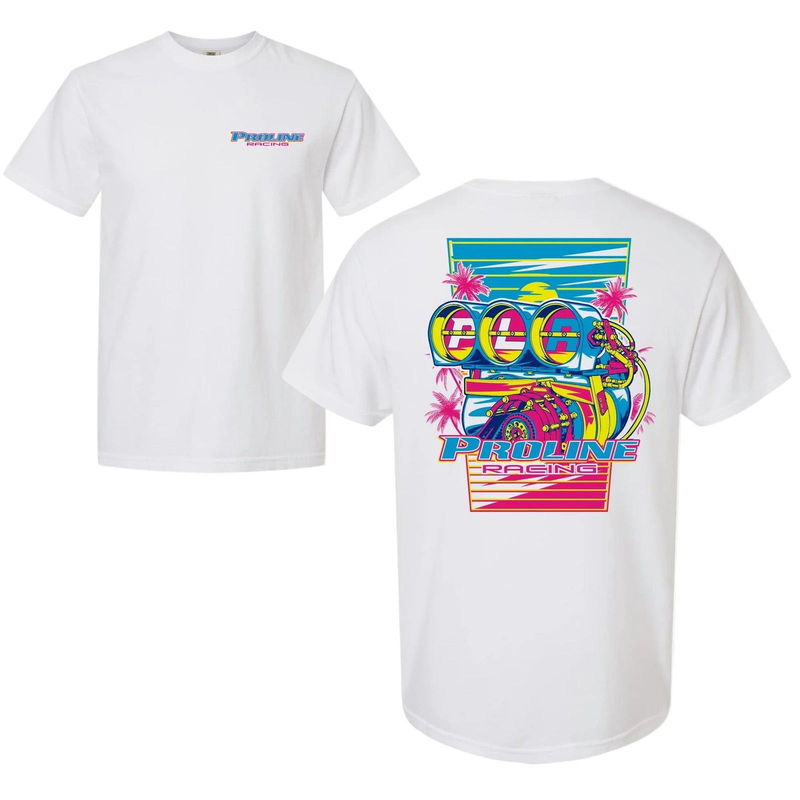 White short-sleeve t-shirt shown from both front and back. The front features a small blue and red 'Proline' logo on the left chest.