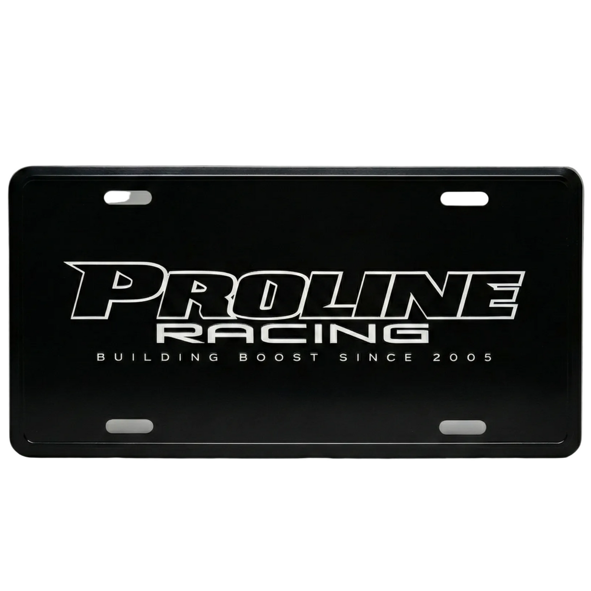 Black Proline Racing license plate on a white background