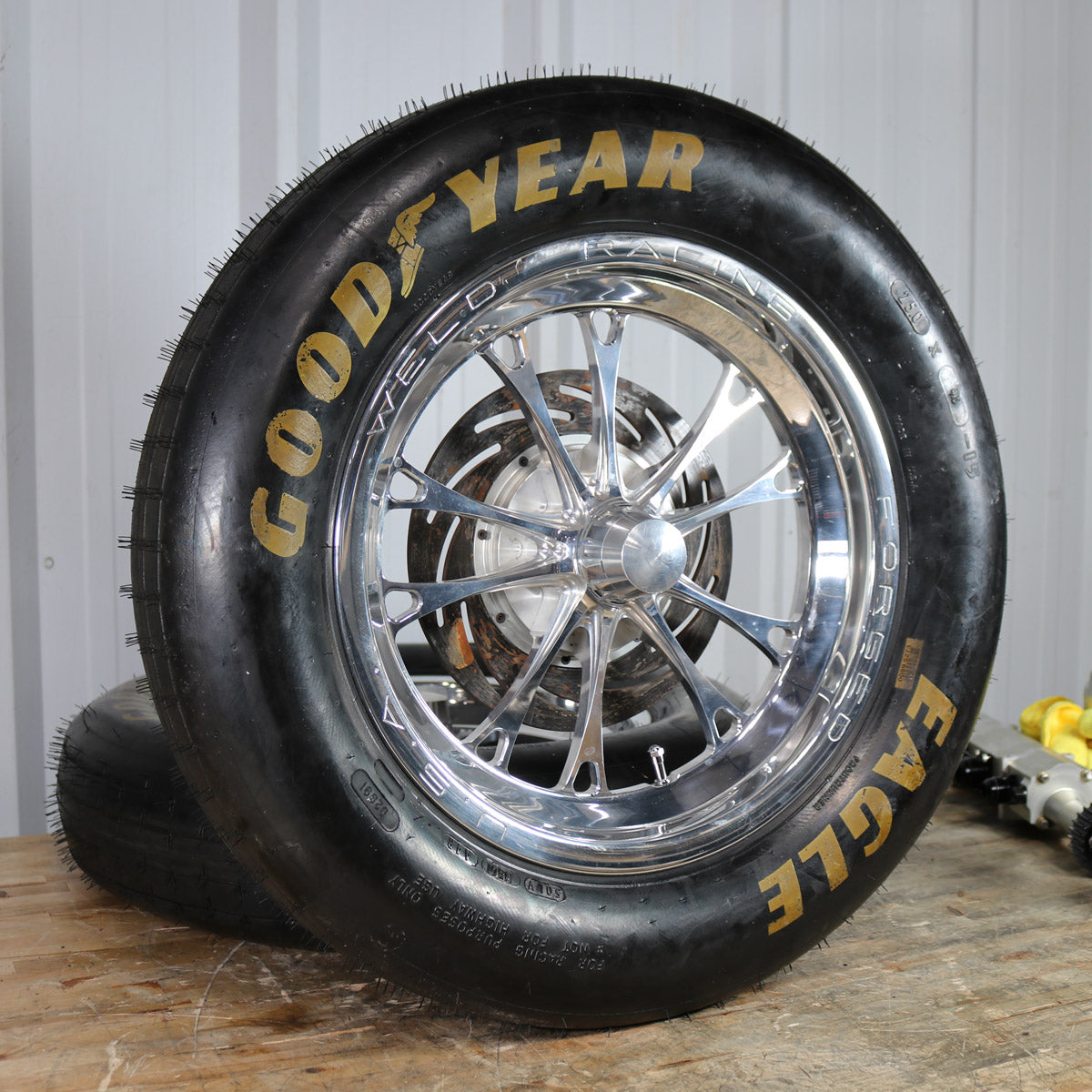 PAIR OF WELD V-SERIES POLISHED FRONT RUNNER WHEELS 84P-15001, 15"x 3.5", WITH TIRES AND STRANGE STEEL BRAKES