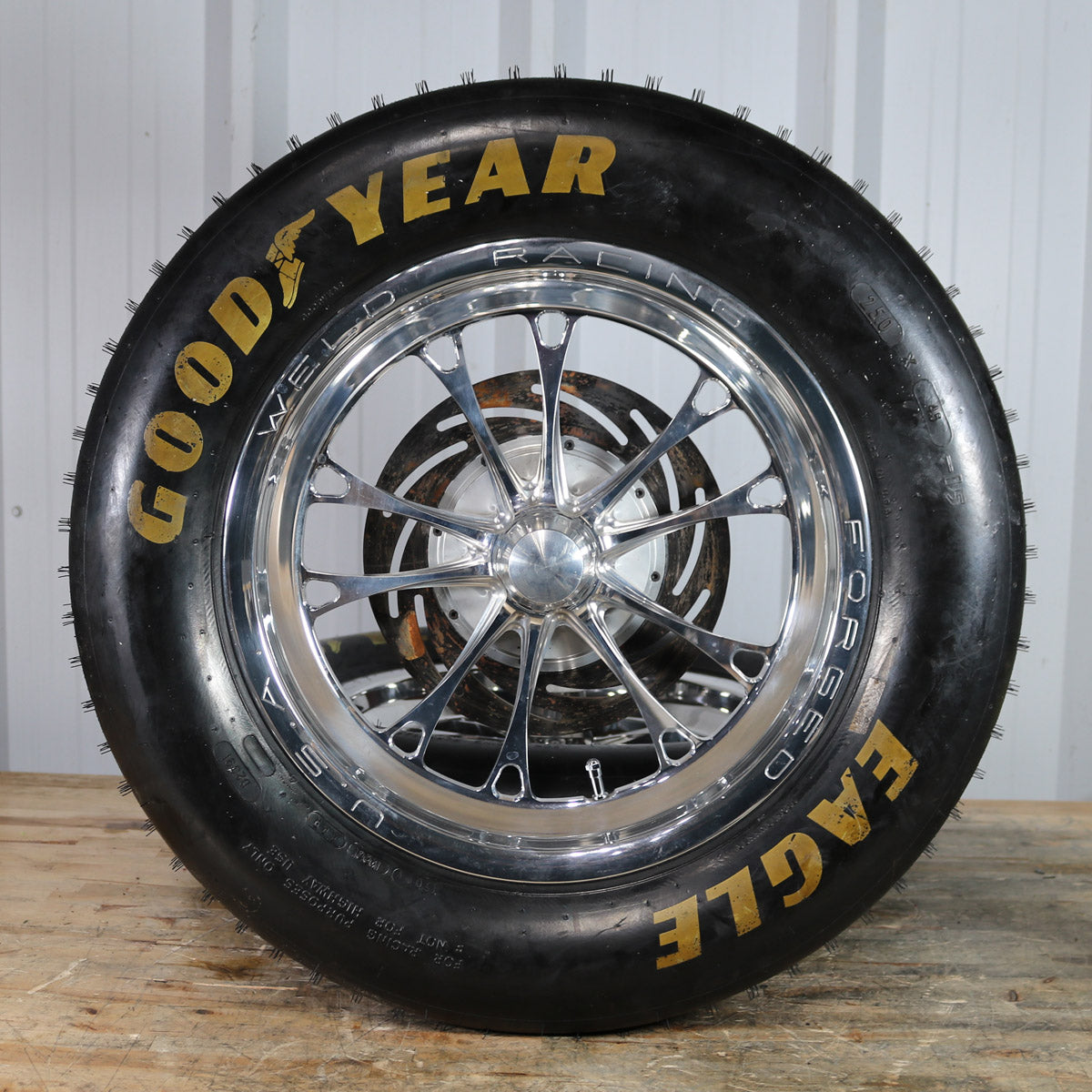PAIR OF WELD V-SERIES POLISHED FRONT RUNNER WHEELS 84P-15001, 15"x 3.5", WITH TIRES AND STRANGE STEEL BRAKES