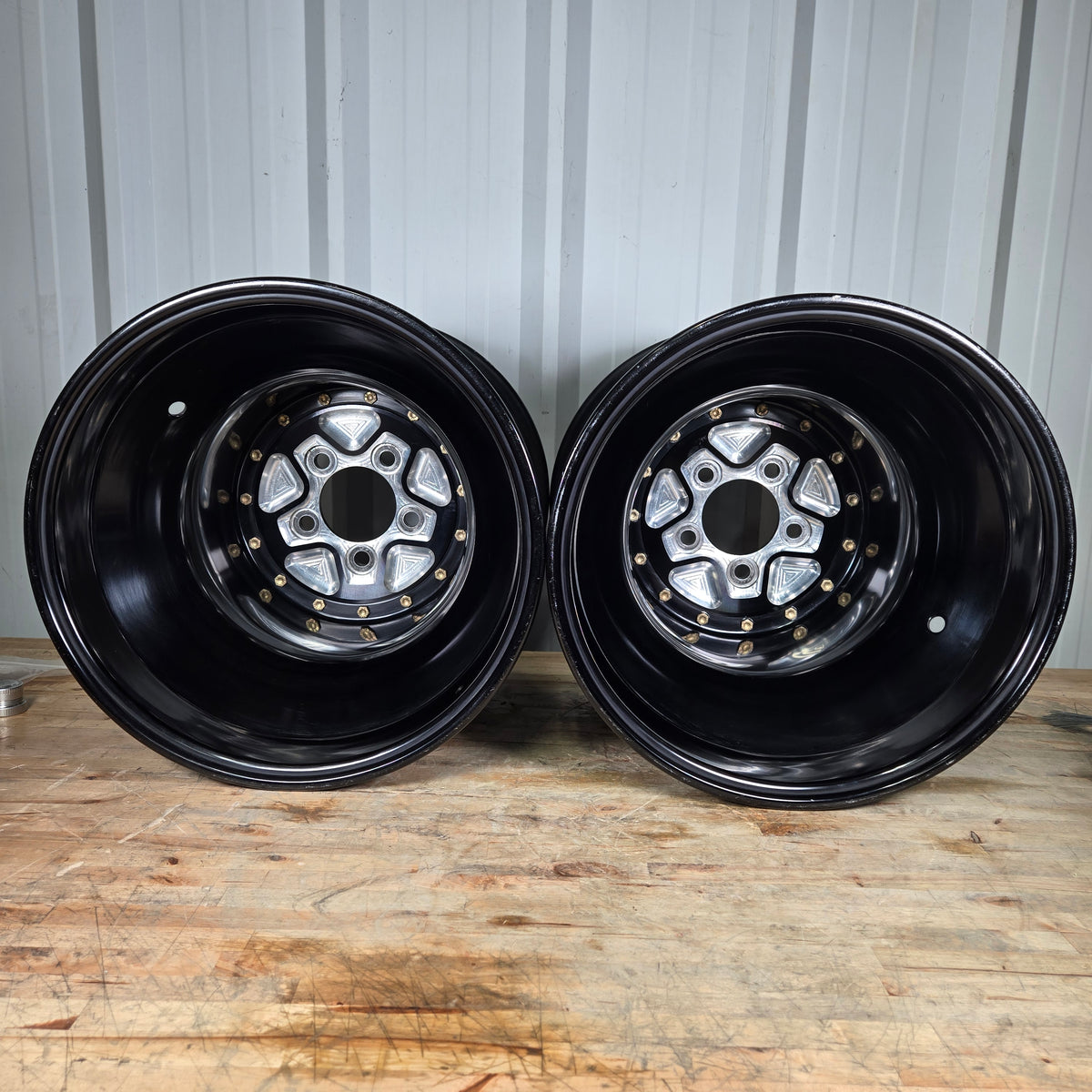 PAIR OF WELD ALUMASTAR PRO LINER WHEELS, BLACK, 16X16, 5X5, 4&quot; BS